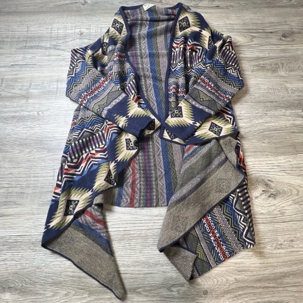 Ruff Hewn Cardigan Women Medium Blue Southwestern Geometric Open Front Knit N18‎